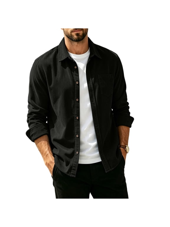 Mens Corduroy Button Down Shacket Long Sleeve Lightweight Overshirt with Pockets Casual Fall Winter Black L