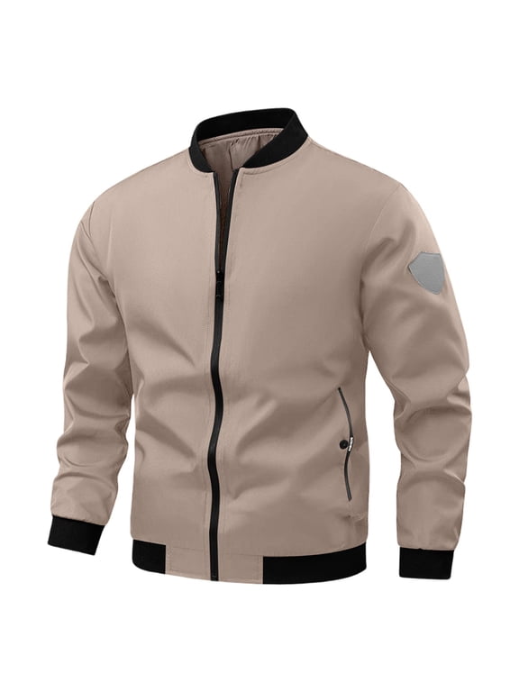 Mens Flight Jacket Bomber Lightweight Windproof Zip Front Ribbed Cuffs Casual Spring Fall Streetwear Khaki L