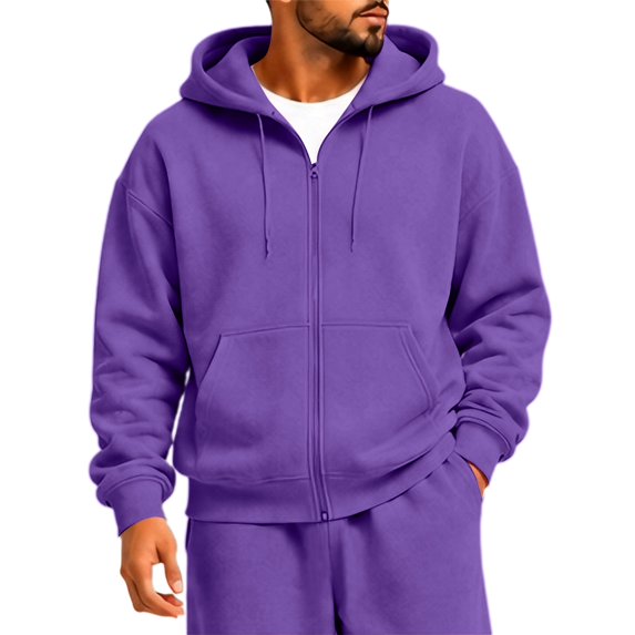 Rexolia Mens Full Zip Hoodie Long Sleeve Solid Color Plain Hooded Sweatshirt Casual Track Jacket Fall Spring Lightweight Purple M