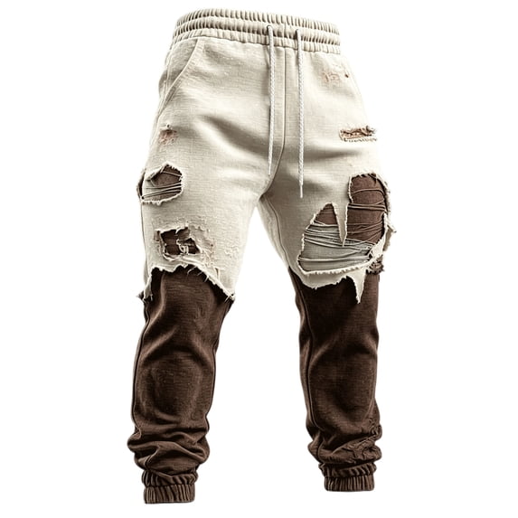 Rexolia Mens Gothic Zombie Jogger Sweatpants Distressed Patchwork Drawstring Cuffed Halloween Street Beige L