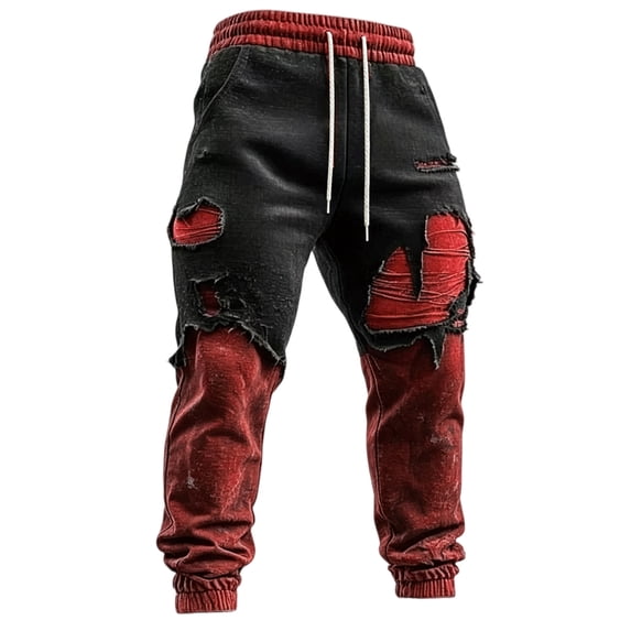 Rexolia Mens Gothic Zombie Jogger Sweatpants Distressed Patchwork Drawstring Cuffed Halloween Street Deep Red 5XL