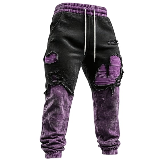 Rexolia Mens Gothic Zombie Jogger Sweatpants Distressed Patchwork Drawstring Cuffed Halloween Street Purple 2XL