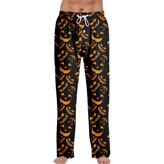 Rexolia Mens Halloween Pajama Pants Jack O Lantern Smile Scattered Floral Print Drawstring Lounge Bottom Yellow XL
