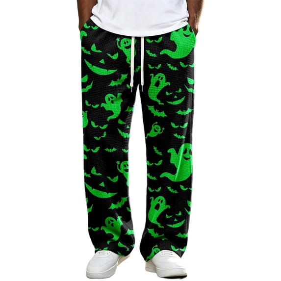 Rexolia Mens Halloween Pajama Pants Straight Leg Pumpkin Bat Web Print Drawstring Lounge Sleepwear Army Green L