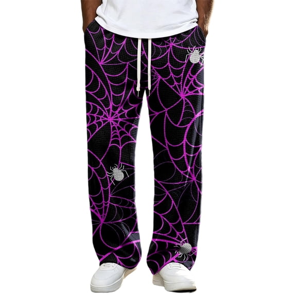 Rexolia Mens Halloween Pajama Pants Straight Leg Pumpkin Bat Web Print Drawstring Lounge Sleepwear Beige M