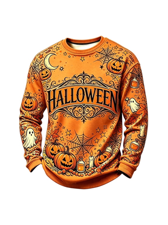 Mens Halloween Pullover Sweatshirt Spooky Pumpkin Ghost Graphic Crewneck Relaxed Fall Top Saffron 2XL