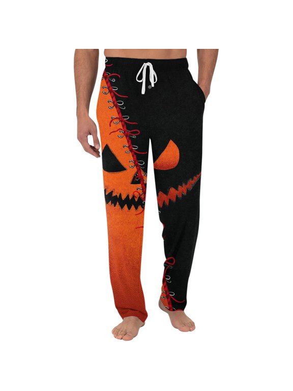 Mens Halloween Sleep Pants Pumpkin Contrast Print or Magic Forest Pattern Lounge Drawstring Pants Saffron S