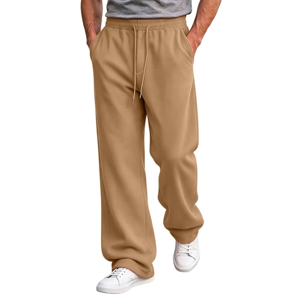 Rexolia Mens High Waist Brushed Fleece Sweatpants Open Bottom Loose Straight Drawstring Casual Camel S