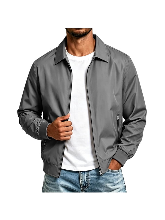 Mens Lightweight Zip Up Jacket Turn Down Collar with Pockets Business Casual Golf Spring Summer Fall Gray XL