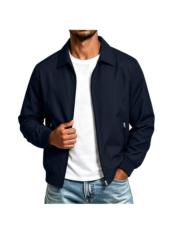 Mens Lightweight Zip Up Jacket Turn Down Collar with Pockets Business Casual Golf Spring Summer Fall Navy M