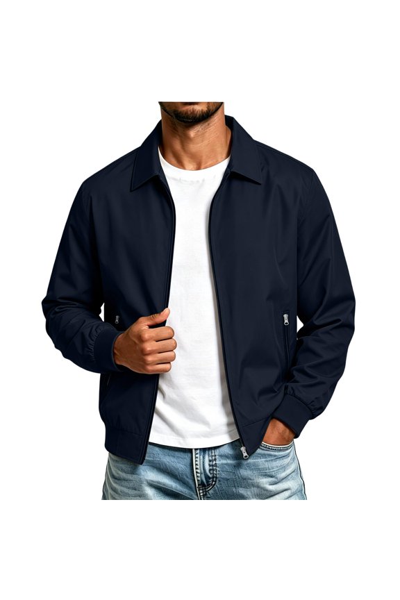 Mens Lightweight Zip Up Jacket Turn Down Collar with Pockets Business Casual Golf Spring Summer Fall Navy XL