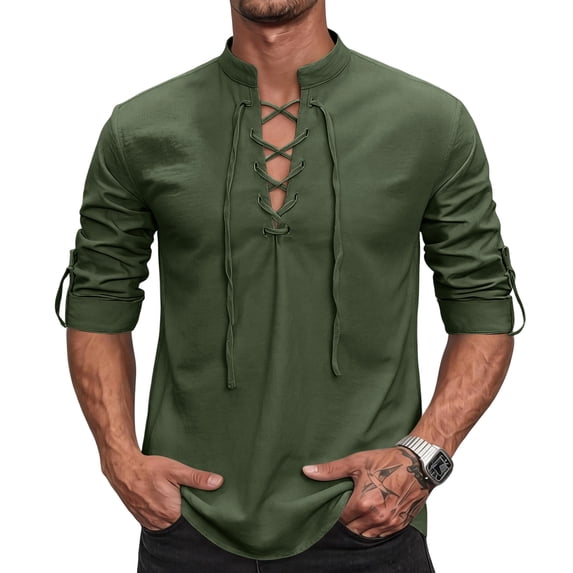Rexolia Mens Linen V Neck Lace Up Shirt Retro Long Sleeve Tie Cuff Vintage Casual Boho Top Army Green L