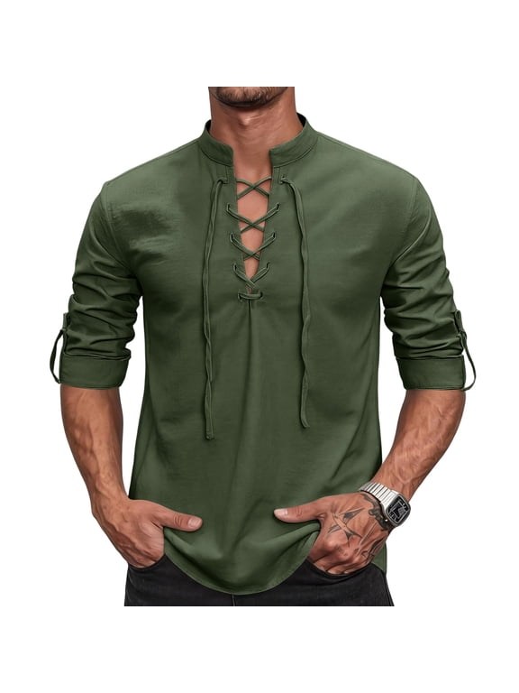 Mens Linen V Neck Lace Up Shirt Retro Long Sleeve Tie Cuff Vintage Casual Boho Top Army Green XL