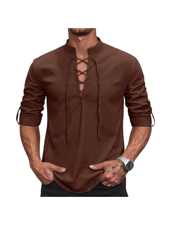 Mens Linen V Neck Lace Up Shirt Retro Long Sleeve Tie Cuff Vintage Casual Boho Top Coffee 3XL