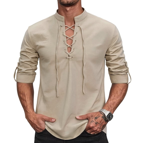 Rexolia Mens Linen V Neck Lace Up Shirt Retro Long Sleeve Tie Cuff Vintage Casual Boho Top Khaki S