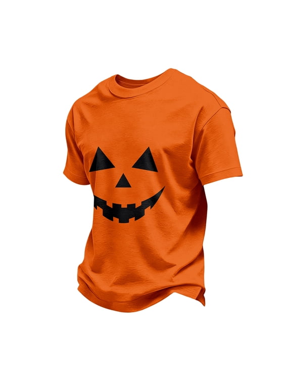 Mens Mystery Smile Pumpkin Shirt Orange Base Classic Print Short Sleeve Crewneck Casual Halloween Top Ginger 2XL