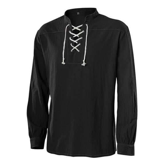 Rexolia Mens Pirate Shirt Lace Up Notched Collar Lantern Cuffs Rough Renaissance Halloween Costume Top Black L