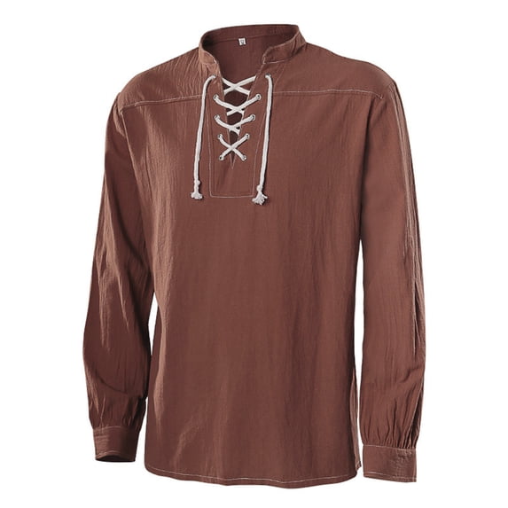 Rexolia Mens Pirate Shirt Lace Up Notched Collar Lantern Cuffs Rough Renaissance Halloween Costume Top Brown S