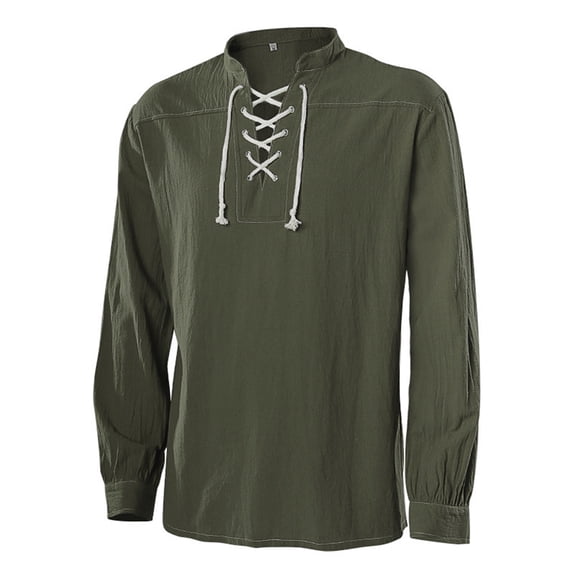 Rexolia Mens Pirate Shirt Lace Up Notched Collar Lantern Cuffs Rough Renaissance Halloween Costume Top Green 2XL