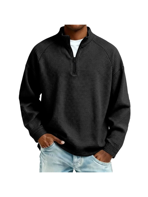Mens Quarter Zip Mock Neck Pullover Sweater Regular Fit Knit Textured Business Casual Golf Fall Winter Long Sleeve Black M
