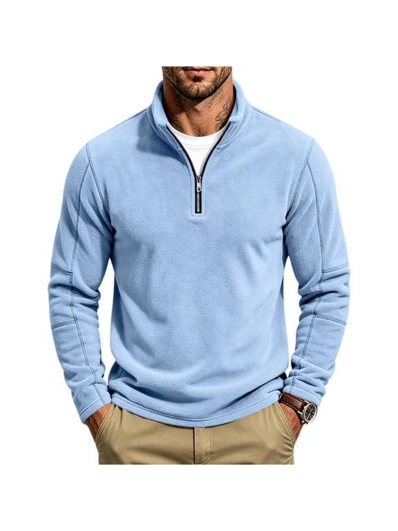 Mens Quarter Zip Polar Fleece Pullover Stand Collar Thermal Lightweight Casual Fall Winter Light Blue M
