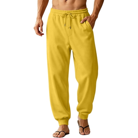 Rexolia Mens Relaxed Cuffed Jogger Sweatpants Drawstring Elastic Waist Side Pockets Casual Yellow L