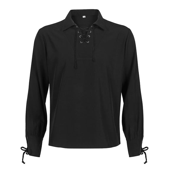 Rexolia Mens Renaissance Lace Up Pirate Shirt V Neck Tie Cuff Medieval Costume Cotton Long Sleeve Top Black L