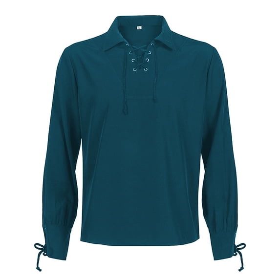 Rexolia Mens Renaissance Lace Up Pirate Shirt V Neck Tie Cuff Medieval Costume Cotton Long Sleeve Top Blue S
