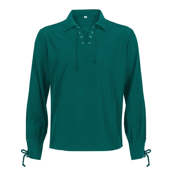 Rexolia Mens Renaissance Lace Up Pirate Shirt V Neck Tie Cuff Medieval Costume Cotton Long Sleeve Top Dark Green XL