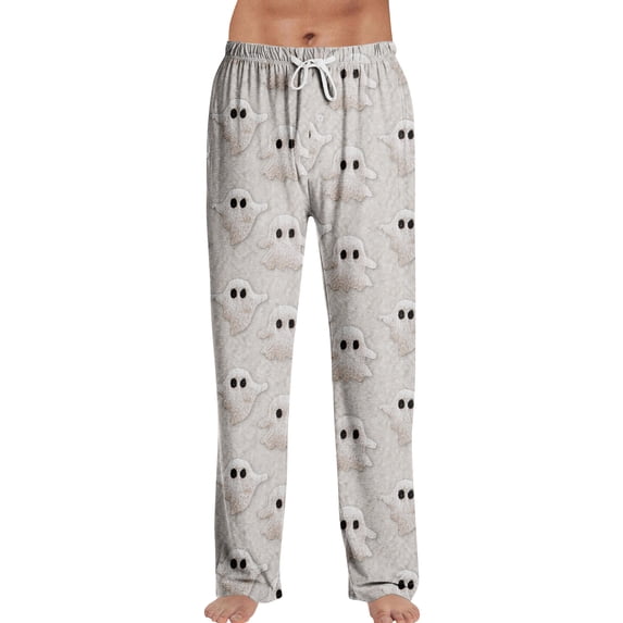 Rexolia Mens Soft Color Halloween Pajama Pants Ghost Print Drawstring Casual Sleep Light Gray S