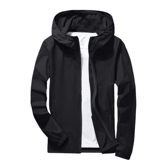 Rexolia Mens UPF 50 Hooded Windbreaker Jacket Lightweight Breathable Running Hiking Cycling with Zip Pocket Black L