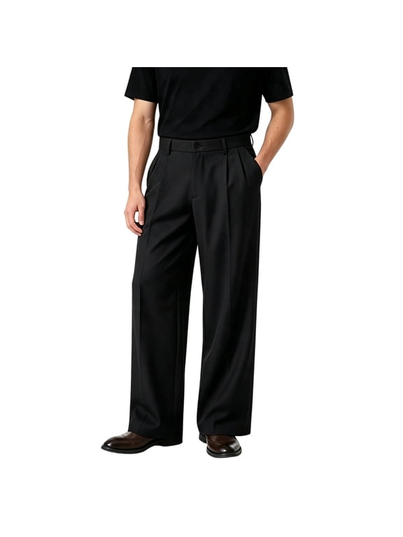 Mens Vintage Dress Pants Old Money Pleated Elastic Waist Wide Leg Wrinkle Free Office Black XL