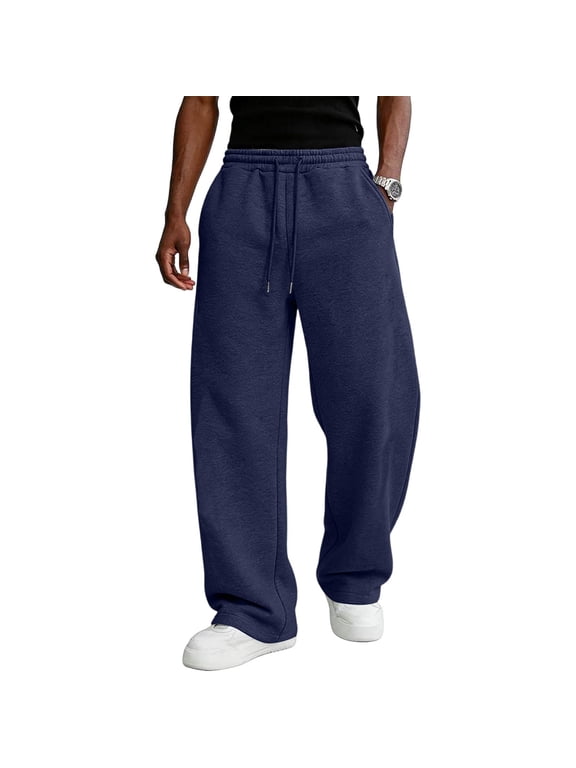 Mens Wide Leg Sweatpants Deep Pockets Drawstring Open Bottom Y2K Streetwear Navy 3XL