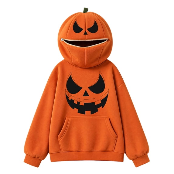 Rexolia Pumpkin Head Full Zip Hoodie Face Cover Costume with Smile Scared Pumpkin Print Halloween Saffron XL