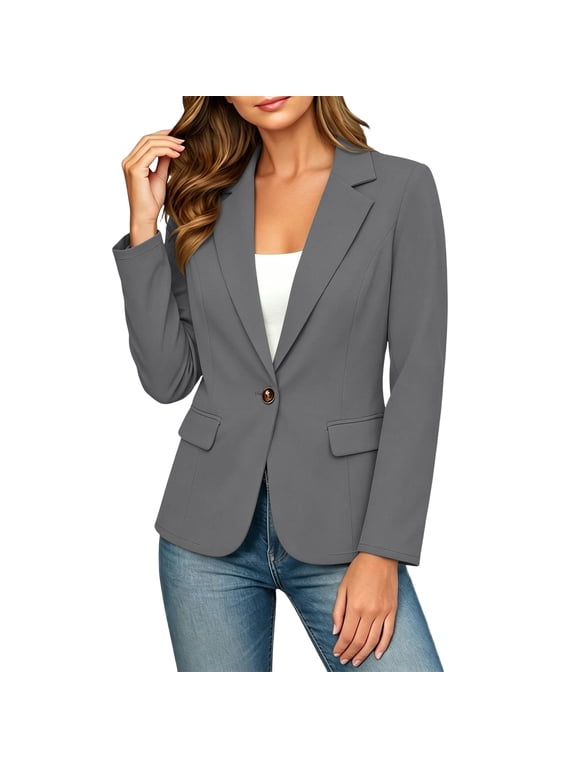 Women's Business Casual Blazer Open Front Jacket with Pockets Gray L