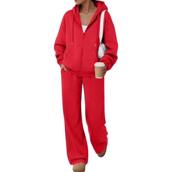 Rexolia Women's 2 Piece Zip Hoodie Sweatpants Set Fall Lounge Blend Breathable Red S