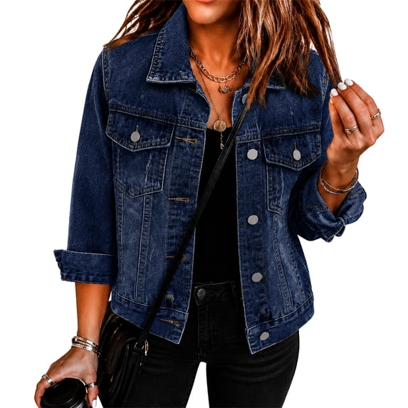Rexolia Women's 3/4 Sleeve Cropped Denim Jacket Button Front Lightweight Coat Dark Blue L