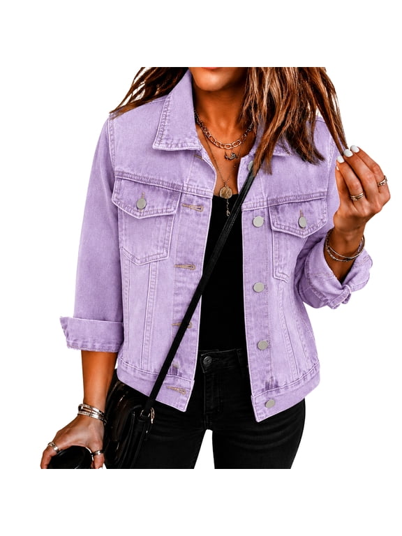 Women's 3/4 Sleeve Cropped Denim Jacket Button Front Lightweight Coat Purple L