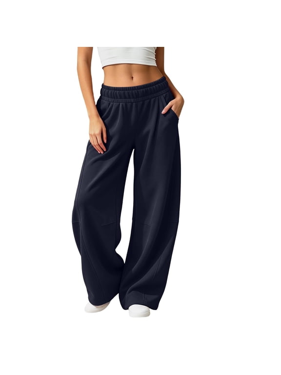 Women's Barrel Leg Sweatpants Brushed Fleece Lined High Waist Wide Leg Ankle Lounge Navy S