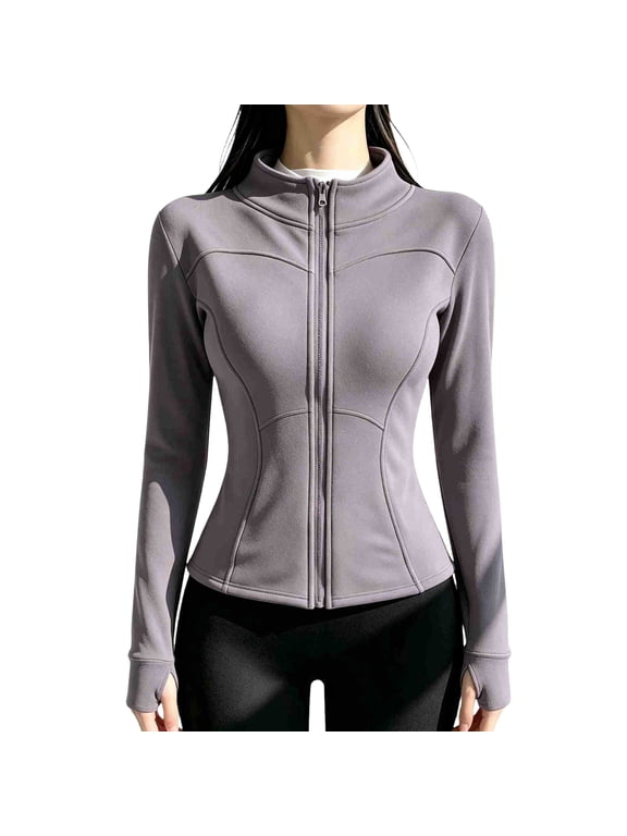 Women’s Brushed Fleece Full Zip Running Jacket with Zipper Pockets Slim Fit Thumb Holes Purple 2XL