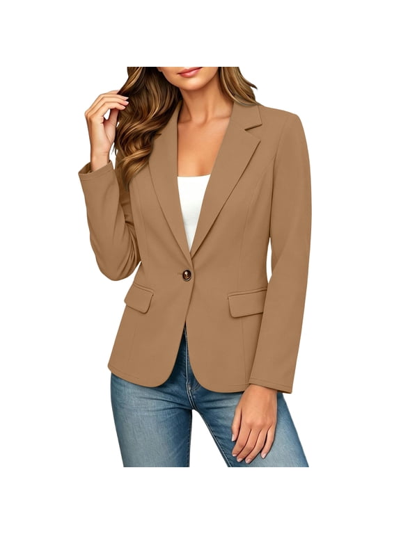 Women's Business Casual Blazer Open Front Jacket with Pockets Khaki XL