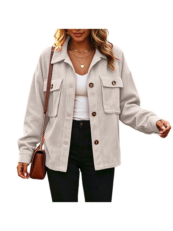 Women's Corduroy Shacket Oversized Button Down Long Sleeve Chest Flap Pockets Lapel Beige Women