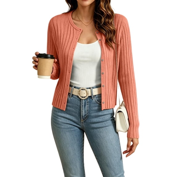 Rexolia Women's Cropped Cardigan Button Front Long Sleeve Ribbed Crewneck Shrug Pink XL