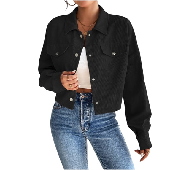 Rexolia Women’s Cropped Corduroy Button Down Jacket Long Sleeve Casual Fall Outerwear Black L