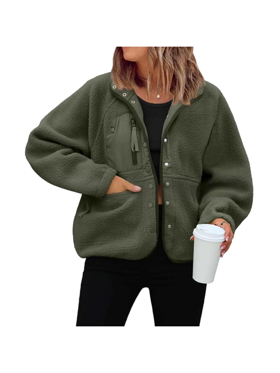 Women's Cropped Polar Fleece Jacket Button Front Coat with Pockets Army Green L