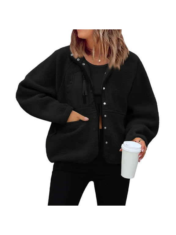 Women's Cropped Polar Fleece Jacket Button Front Coat with Pockets Black M