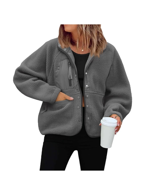 Women's Cropped Polar Fleece Jacket Button Front Coat with Pockets Dark Gray S