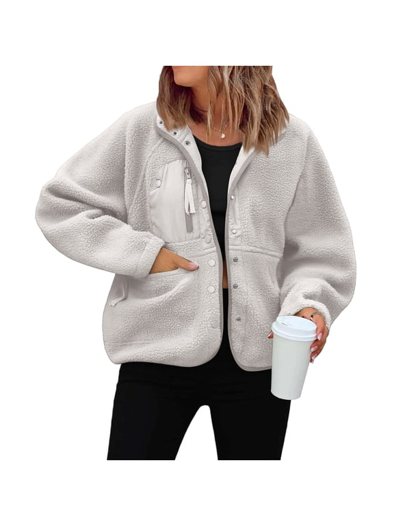 Women's Cropped Polar Fleece Jacket Button Front Coat with Pockets Light Gray L