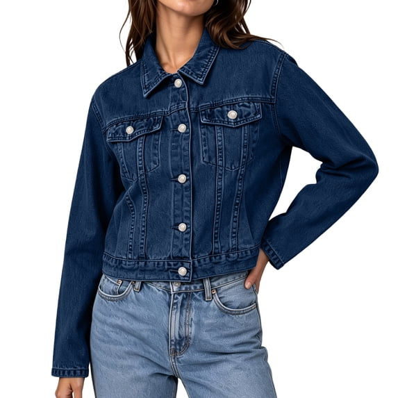 Rexolia Women's Denim Jacket Classic Western Style Button Down Long Sleeve with Pockets Dark Blue S