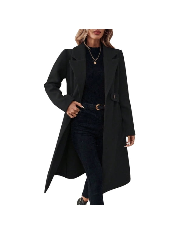 Women's Double Breasted Long Coat Notched Lapel Winter Overcoat Black 2XL